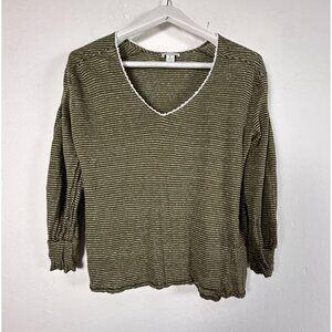 Sundance Womens Olive Green Striped Linen V-Neck Long Sleeve Top Medium Casual